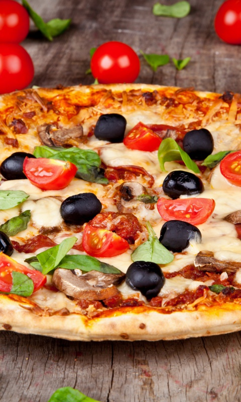 Sfondi Pizza with tomatoes and olives 480x800
