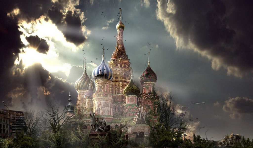 Das St Basil's Cathedral Moscow Red Square Artistic Clouds Wallpaper 1024x600