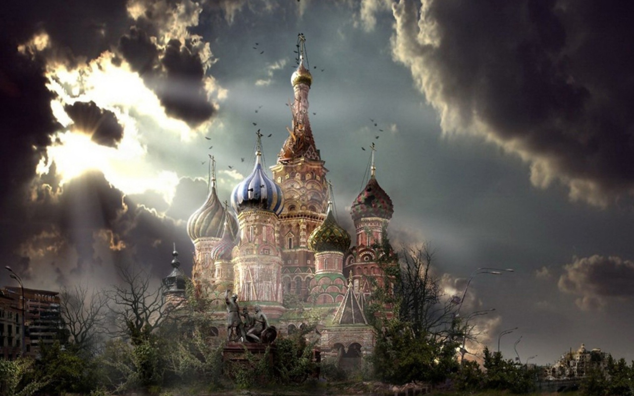 Обои St Basil's Cathedral Moscow Red Square Artistic Clouds 1280x800