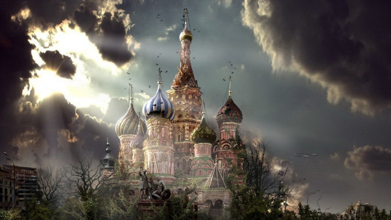 St Basil's Cathedral Moscow Red Square Artistic Clouds wallpaper 1366x768