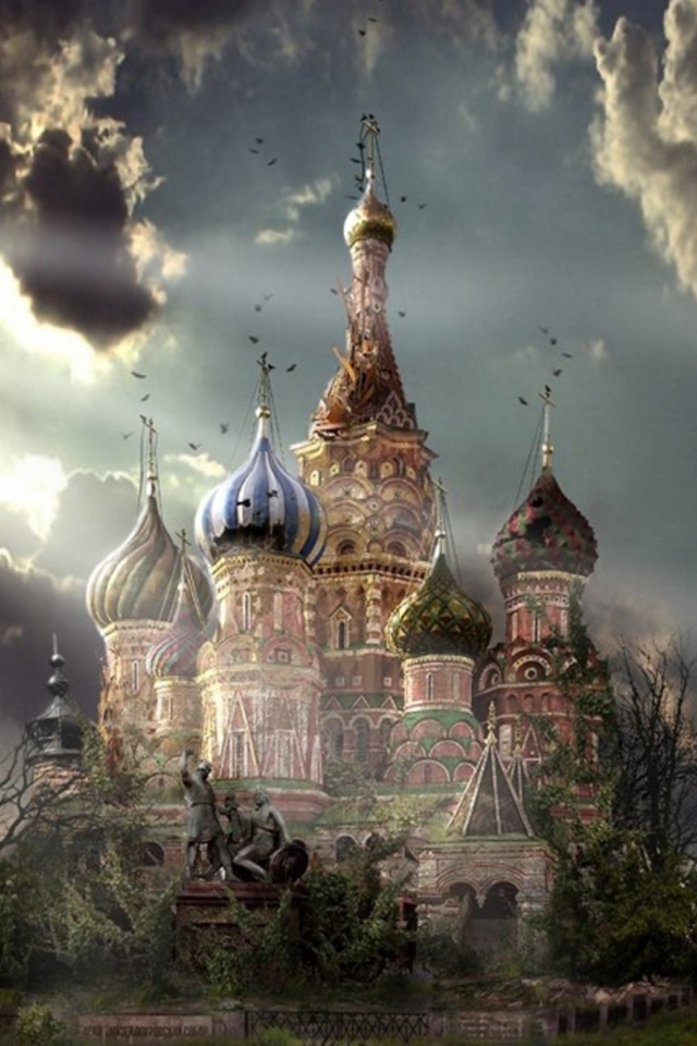 Sfondi St Basil's Cathedral Moscow Red Square Artistic Clouds 640x960