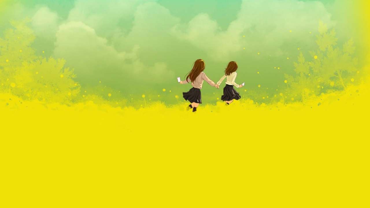 Fondo de pantalla Girls Running In Yellow Field 1280x720