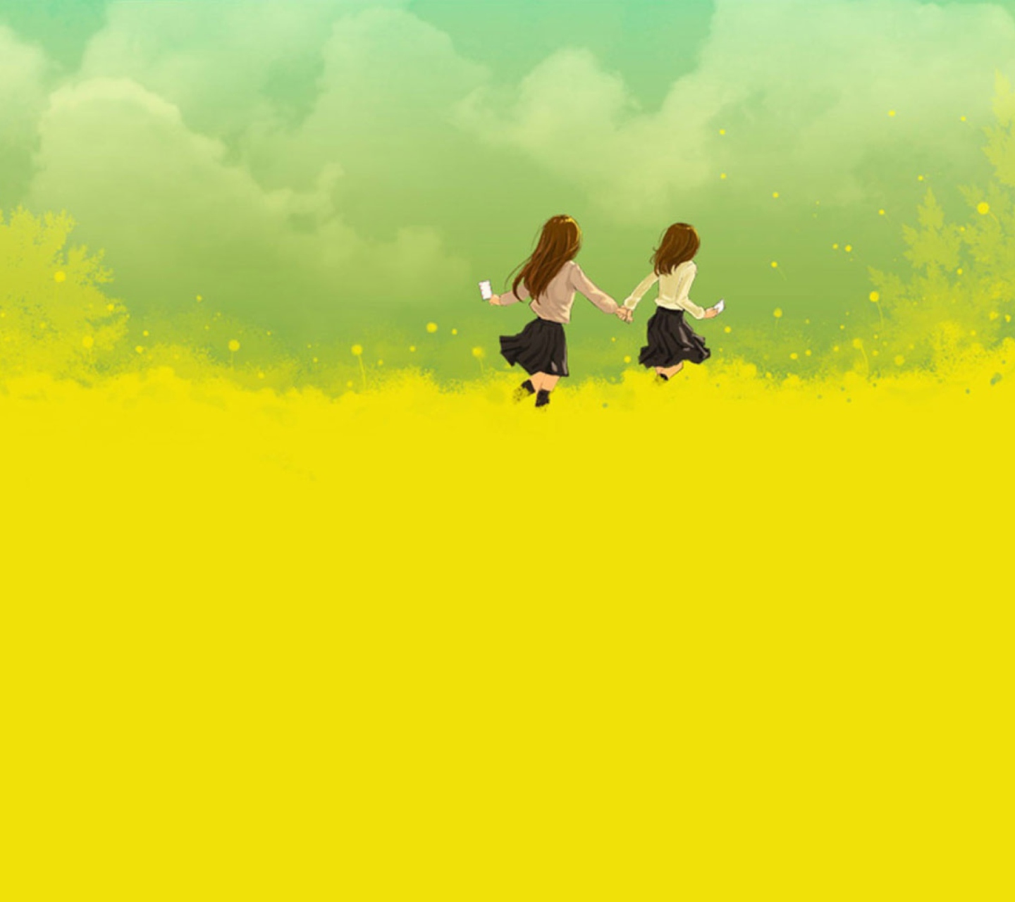 Sfondi Girls Running In Yellow Field 1440x1280