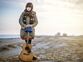 Asian Girl With Guitar Outside wallpaper 320x240