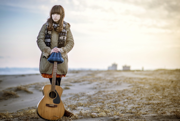 Asian Girl With Guitar Outside wallpaper