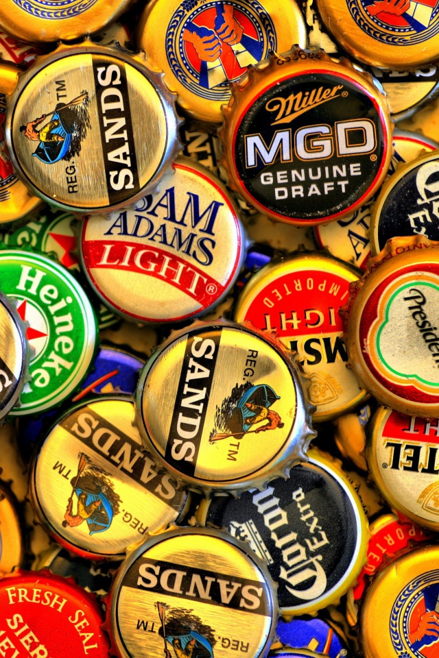 Обои Beer caps - Amstel, Sands, Miller 640x960