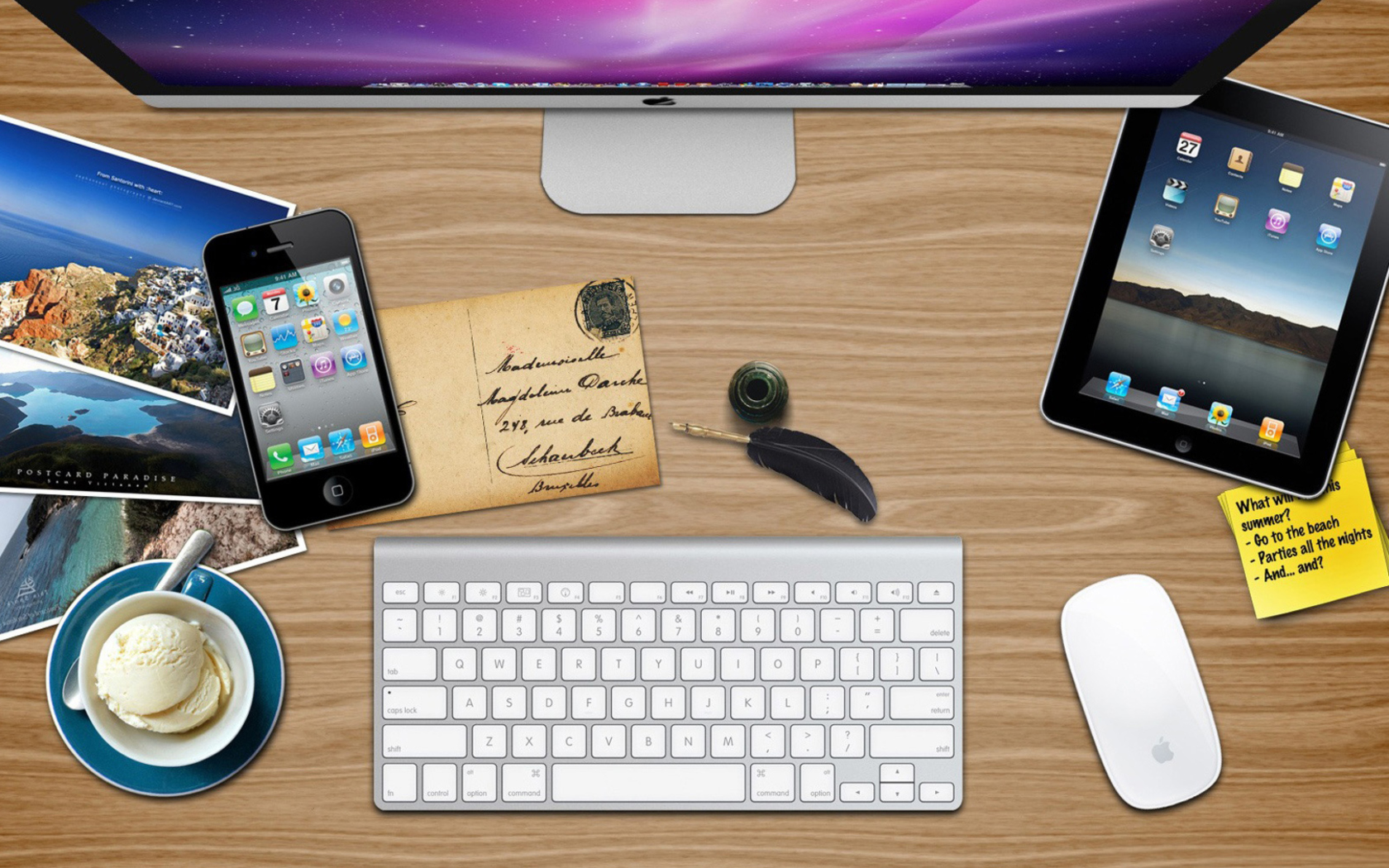 Das Apple Table with Postcards Wallpaper 1680x1050