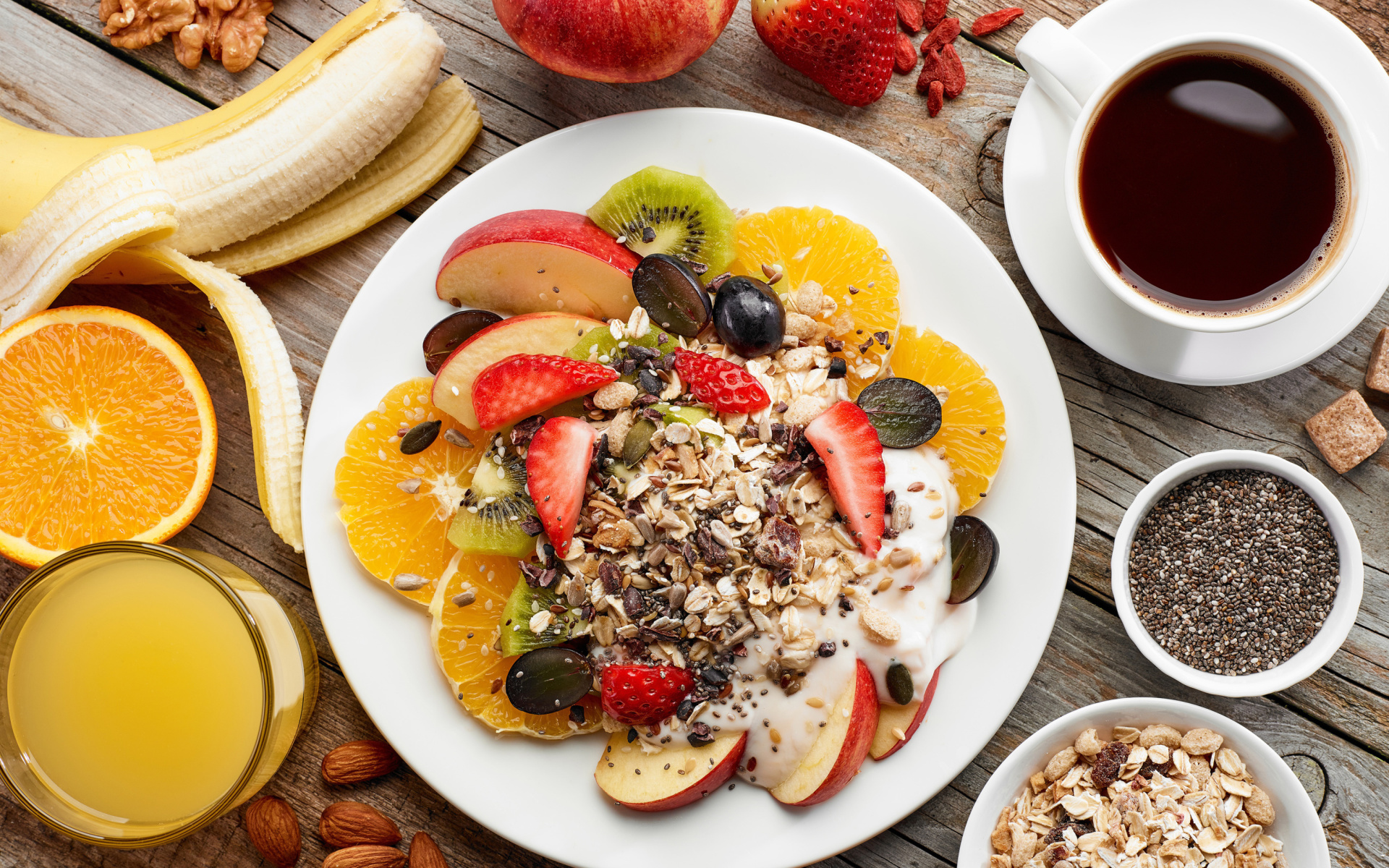 Das Breakfast, coffee, muesli Wallpaper 1920x1200