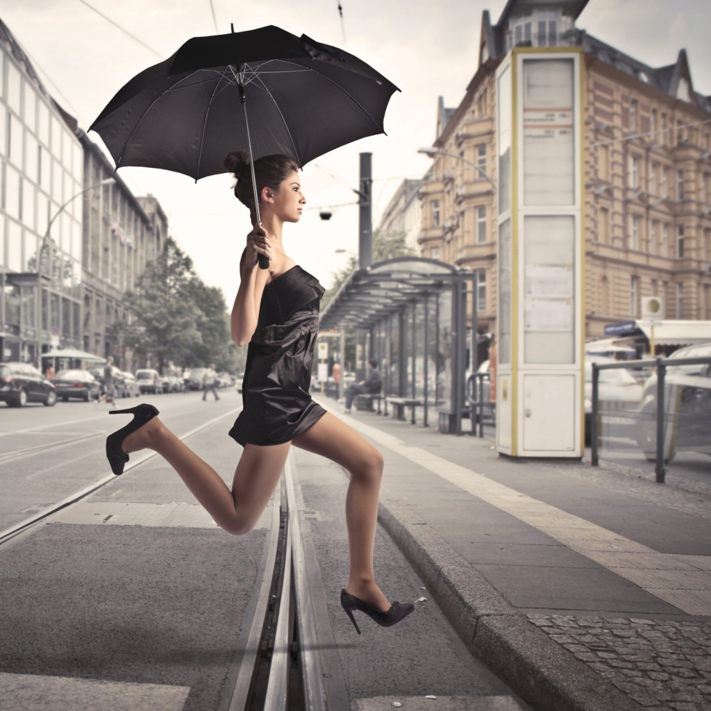 City Girl With Black Umbrella wallpaper 1024x1024
