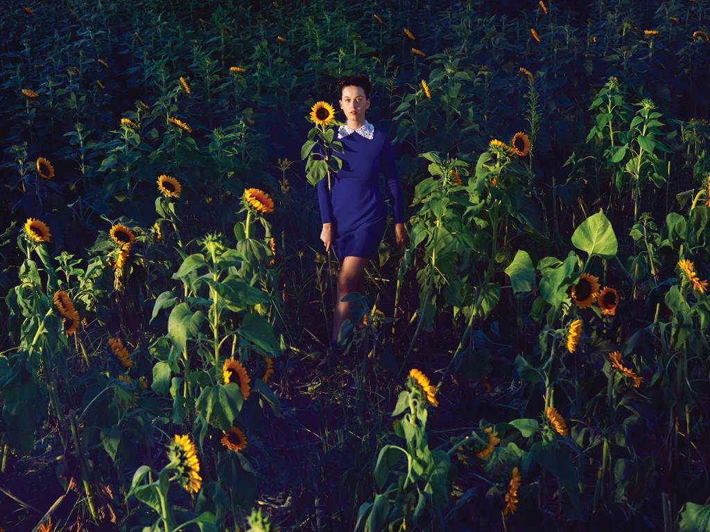 Girl In Blue Dress In Sunflower Field wallpaper 1024x768