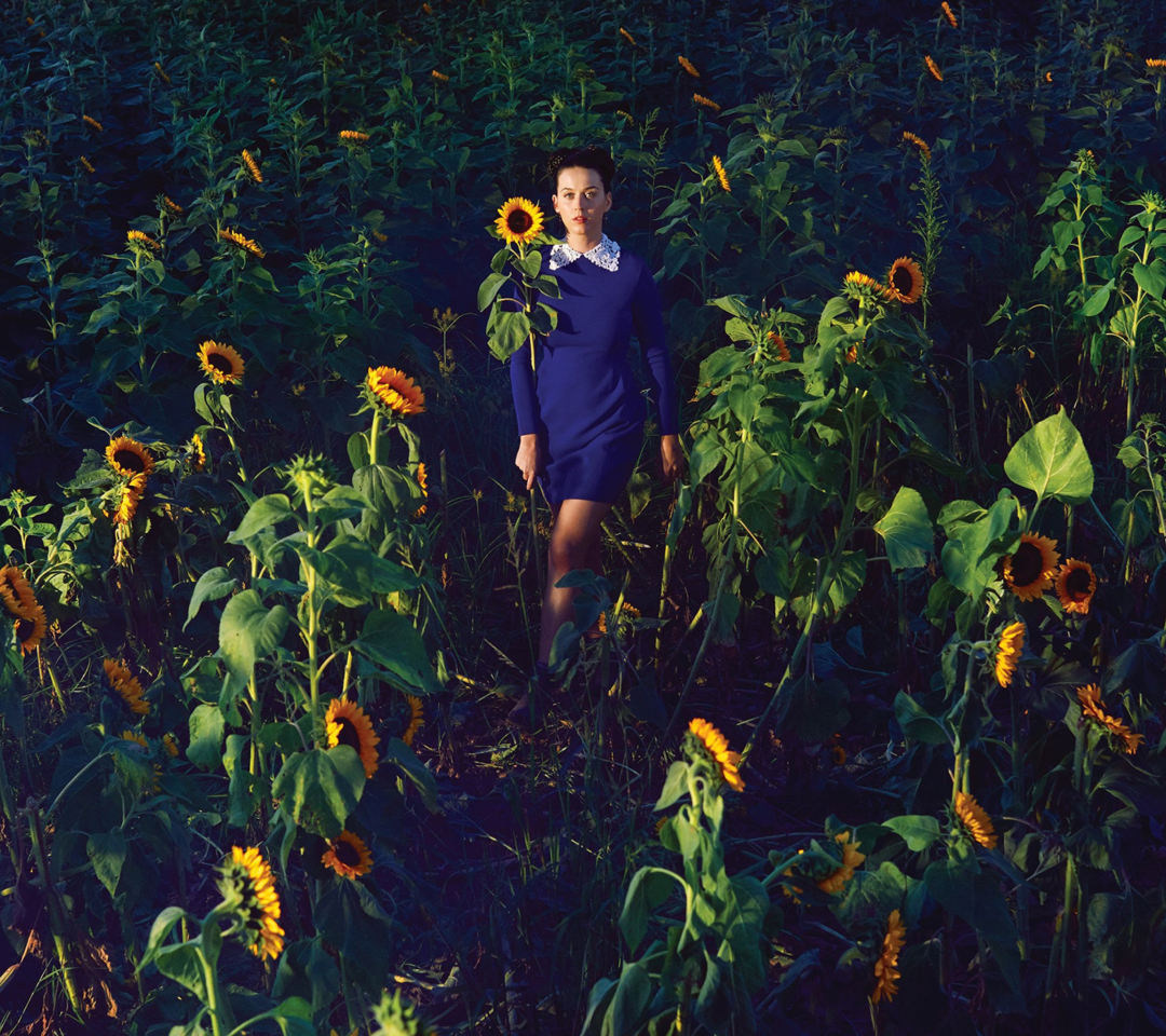 Обои Girl In Blue Dress In Sunflower Field 1080x960