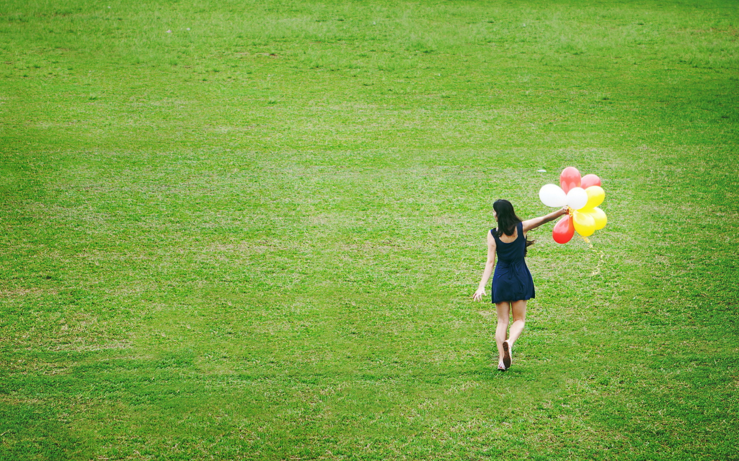 Girl With Colorful Balloons In Green Field wallpaper 2560x1600