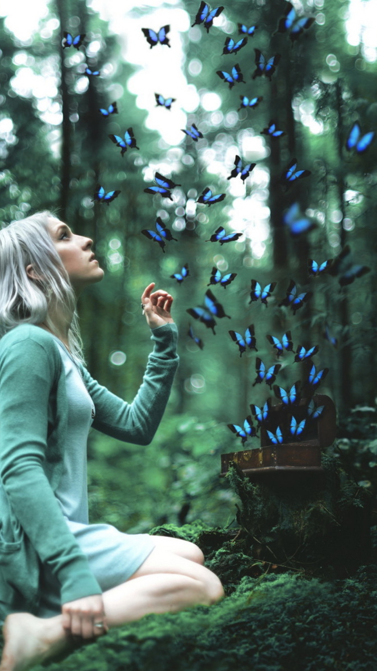 Girl And Blue Butterflies wallpaper 750x1334