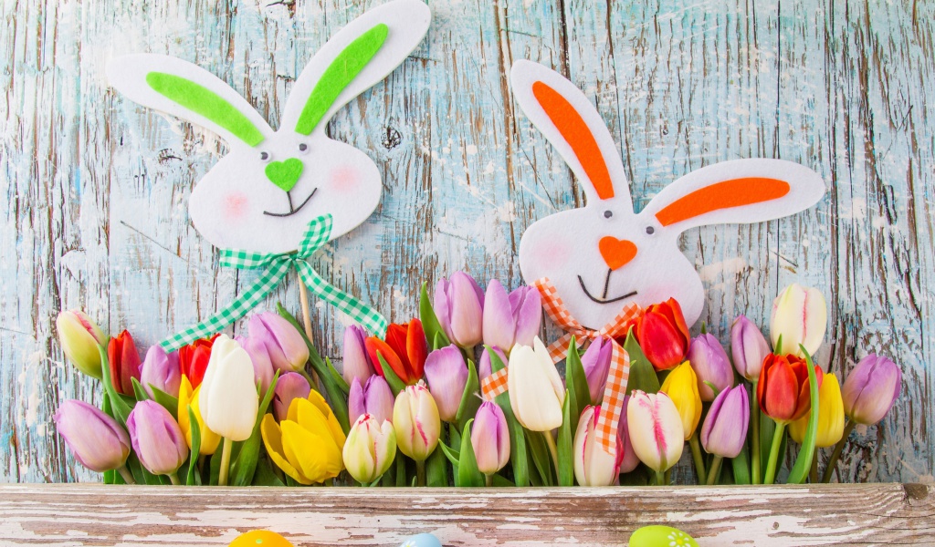 Fondo de pantalla Easter Tulips and Hares 1024x600