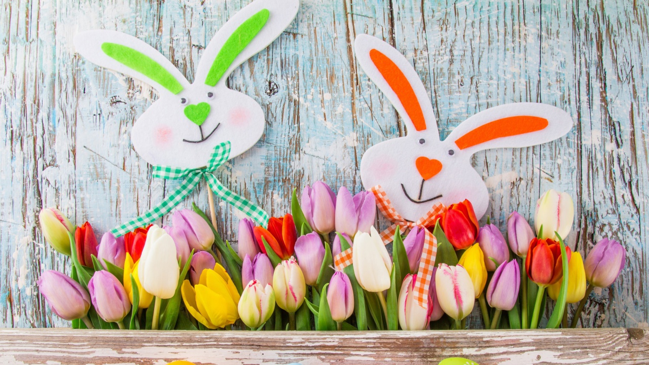 Обои Easter Tulips and Hares 1280x720
