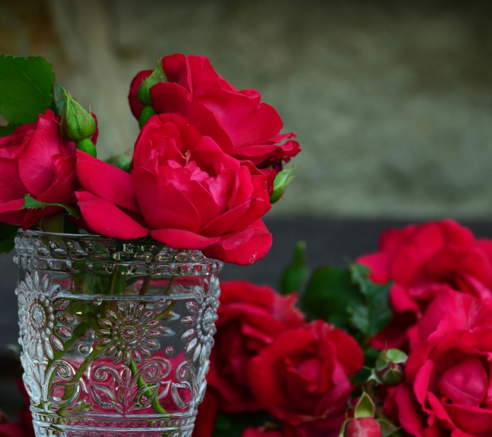 Red roses in a retro vase wallpaper 960x854