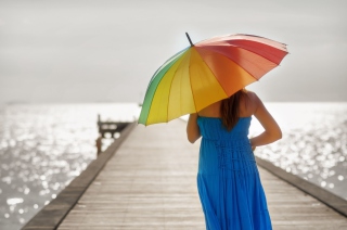 Blue Dress And Rainbow Umbrella - Obrázkek zdarma 