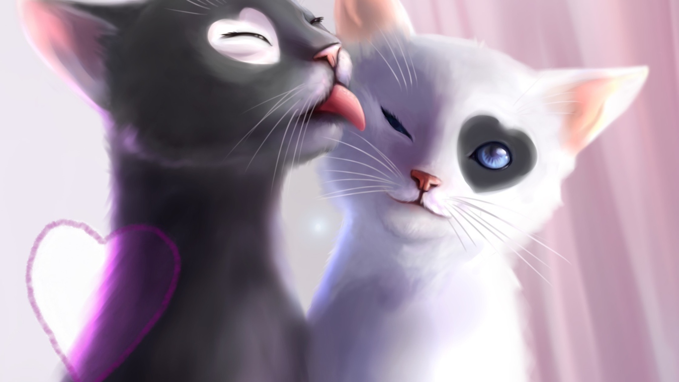 Fondo de pantalla Black And White Cats Romance 1366x768