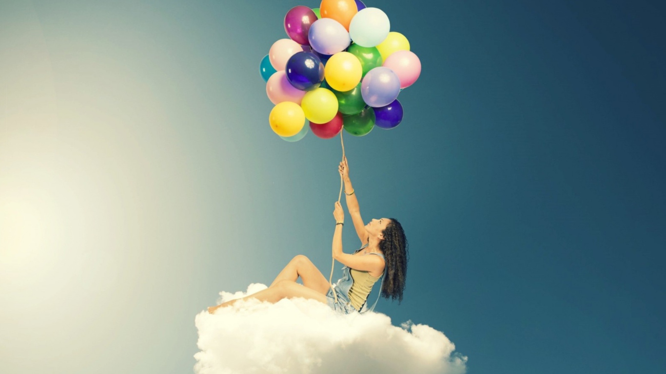 Das Flyin High On Cloud With Balloons Wallpaper 1366x768