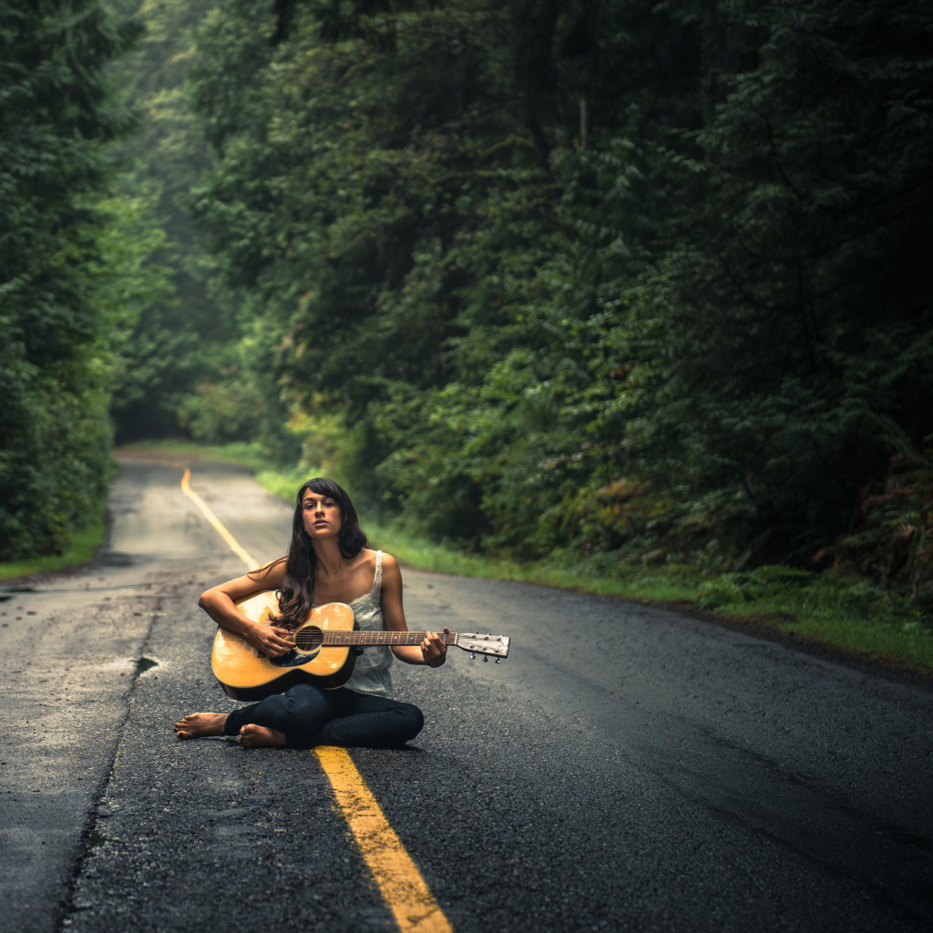 Girl Playing Guitar On Countryside Road wallpaper 1024x1024