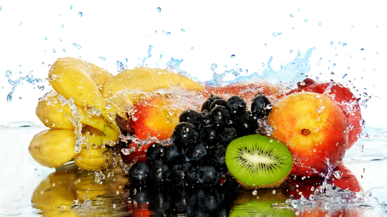 Peaches, bananas and grapes wallpaper 1280x720