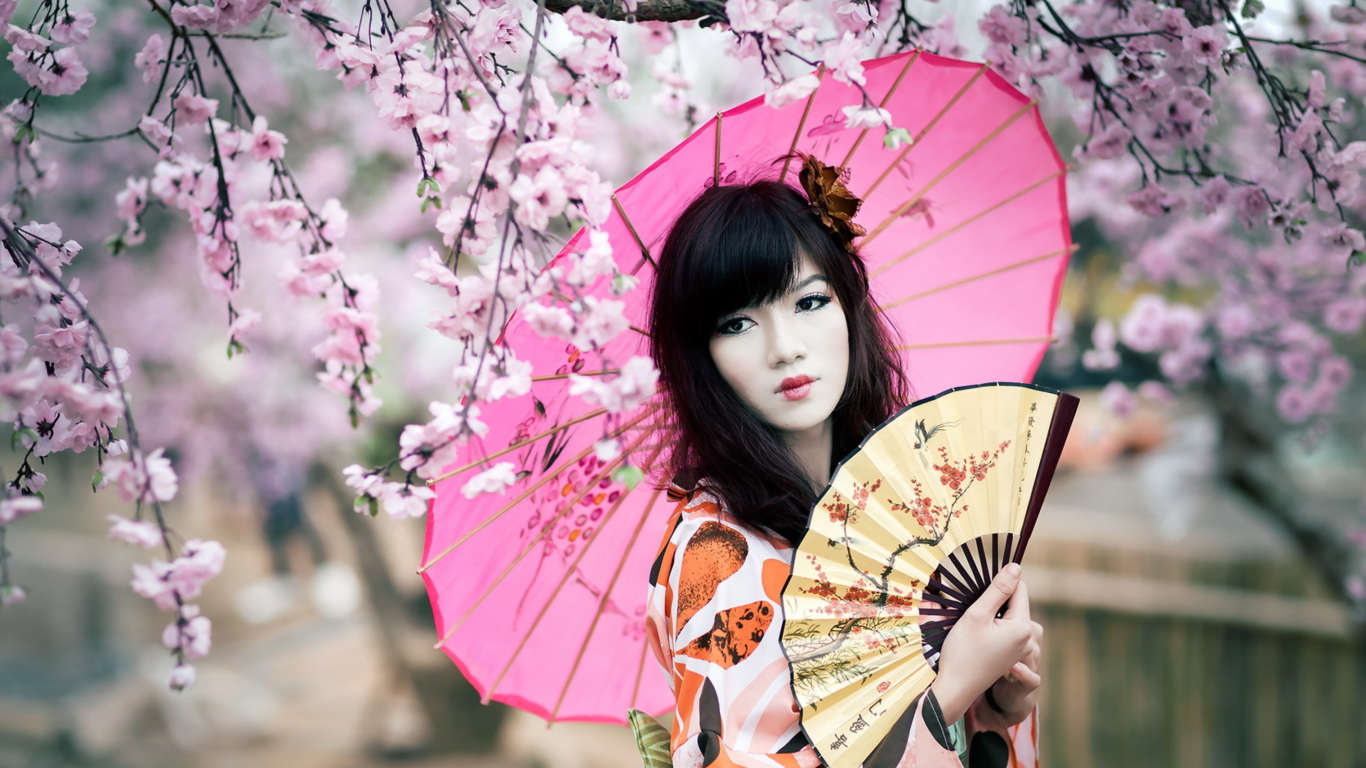 Japanese Girl Under Sakura Tree wallpaper 1366x768