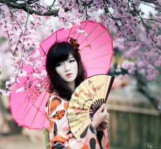 Japanese Girl Under Sakura Tree - Obrázkek zdarma pro 208x208