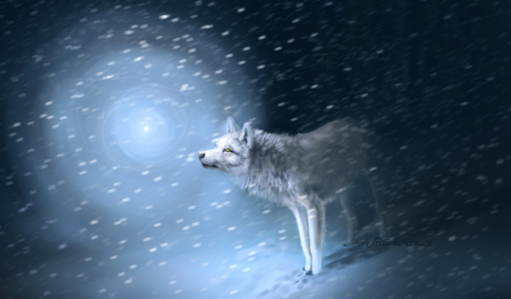 Обои Wolf And Winter Painting 1024x600