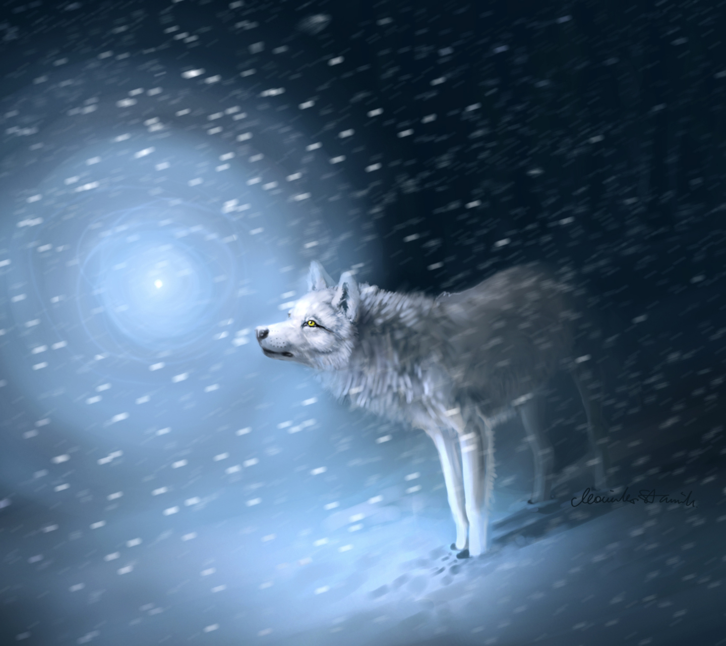 Fondo de pantalla Wolf And Winter Painting 1440x1280