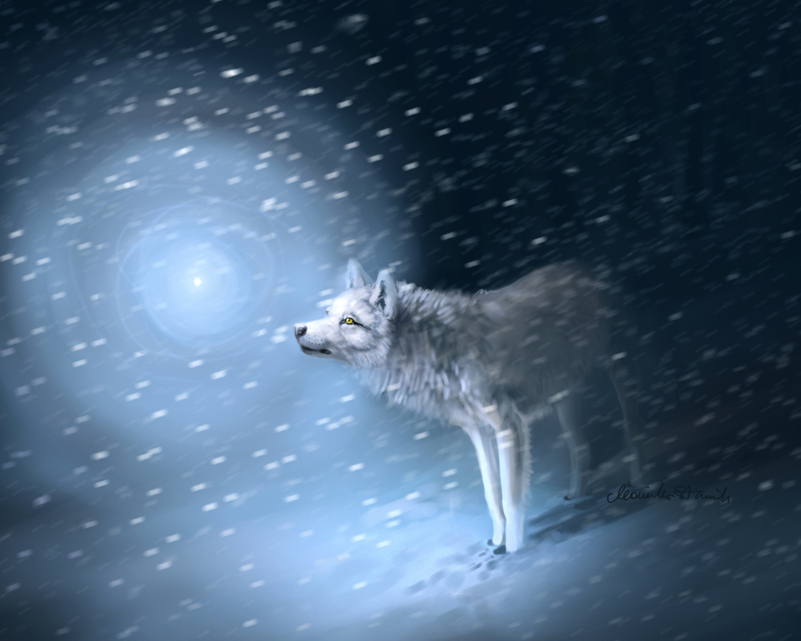 Обои Wolf And Winter Painting 1600x1280