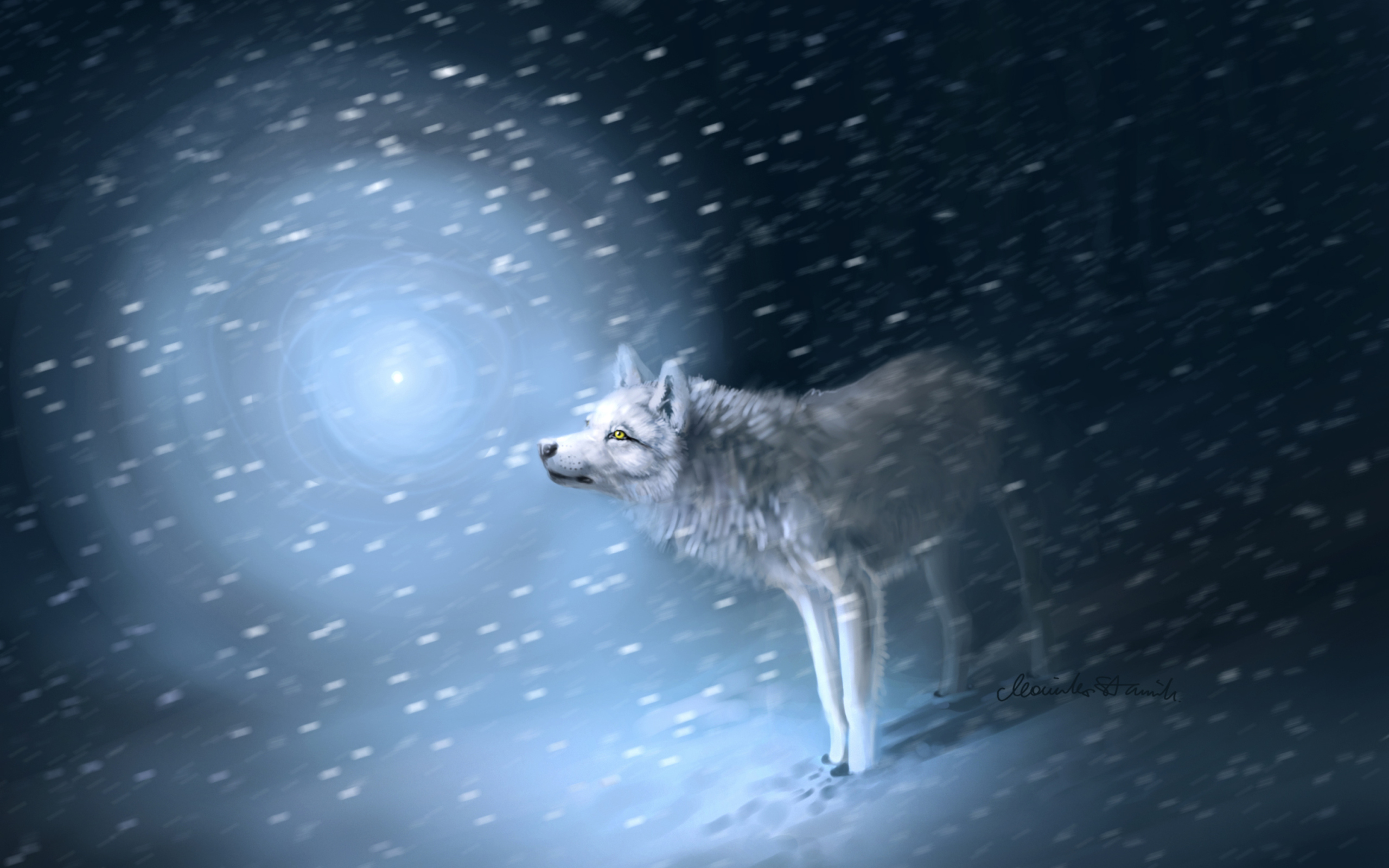 Обои Wolf And Winter Painting 2560x1600