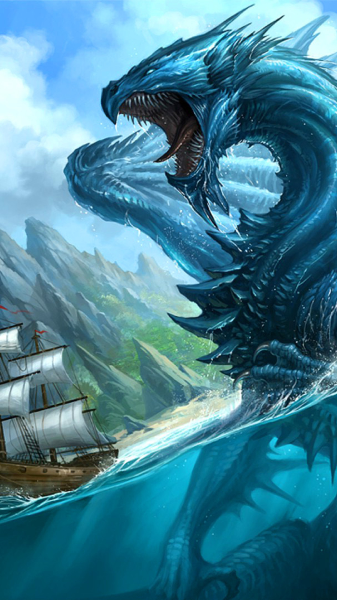 Обои Dragon attacking on ship 1080x1920
