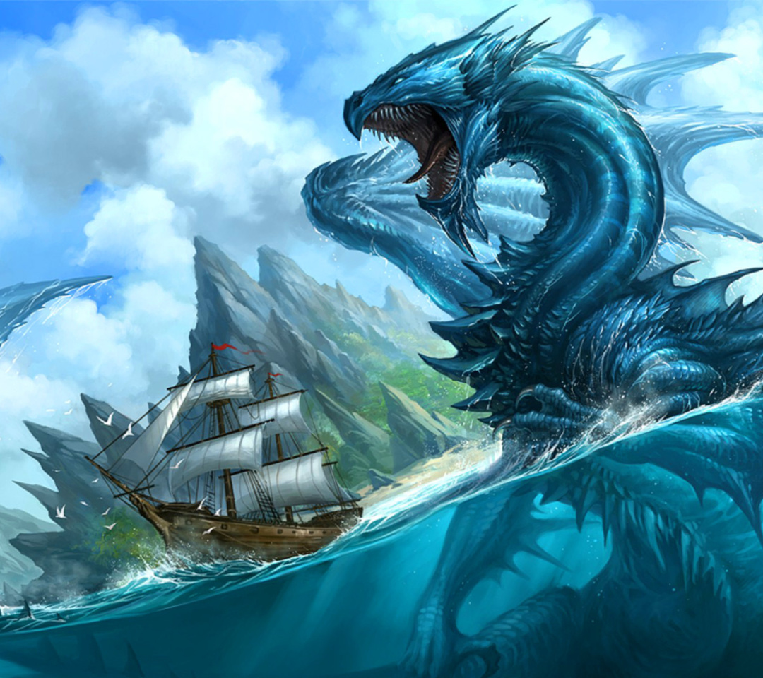 Das Dragon attacking on ship Wallpaper 1080x960