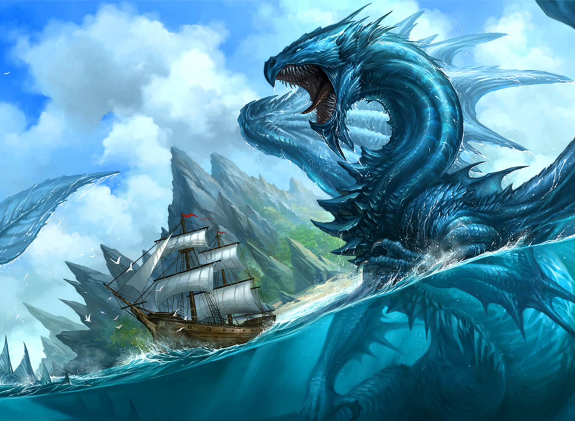 Dragon attacking on ship wallpaper 1920x1408
