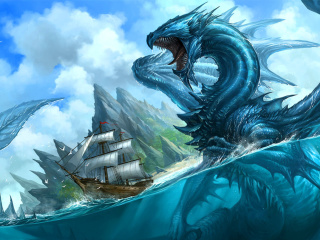 Обои Dragon attacking on ship 320x240