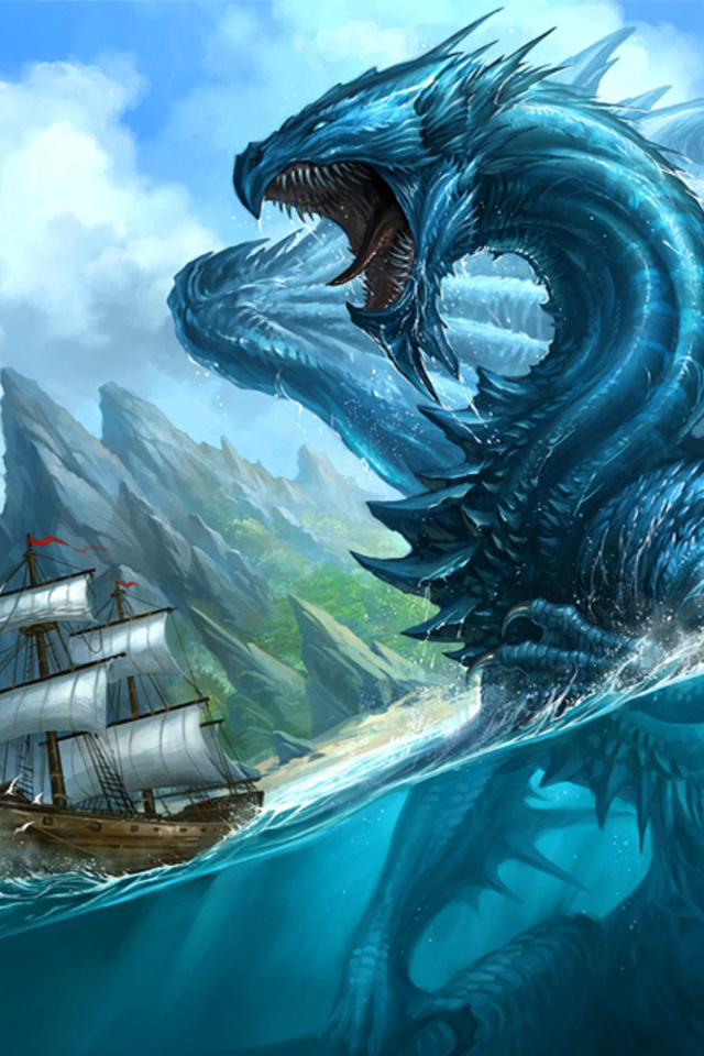 Das Dragon attacking on ship Wallpaper 640x960