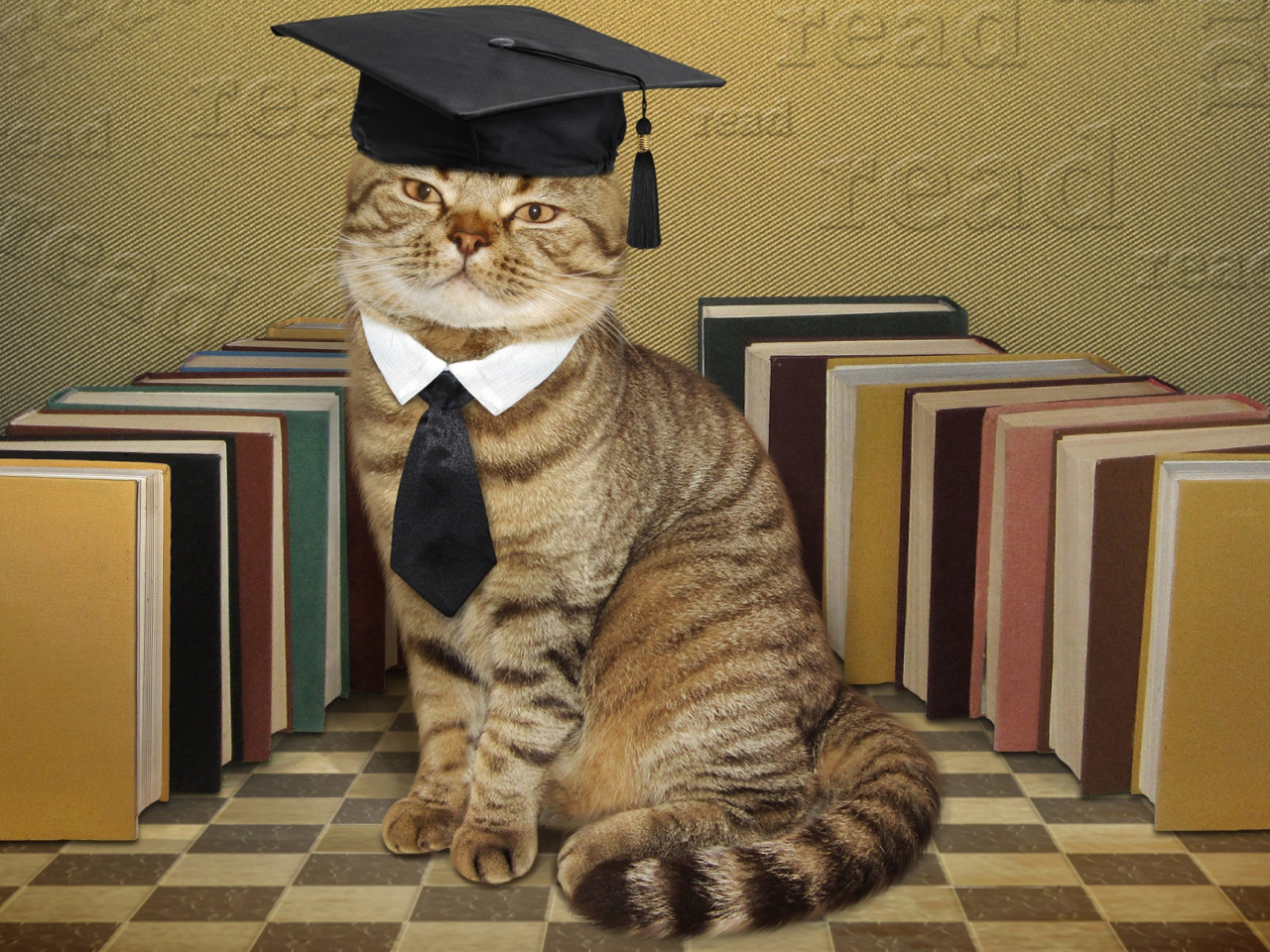 Clever cat with Books wallpaper 1280x960
