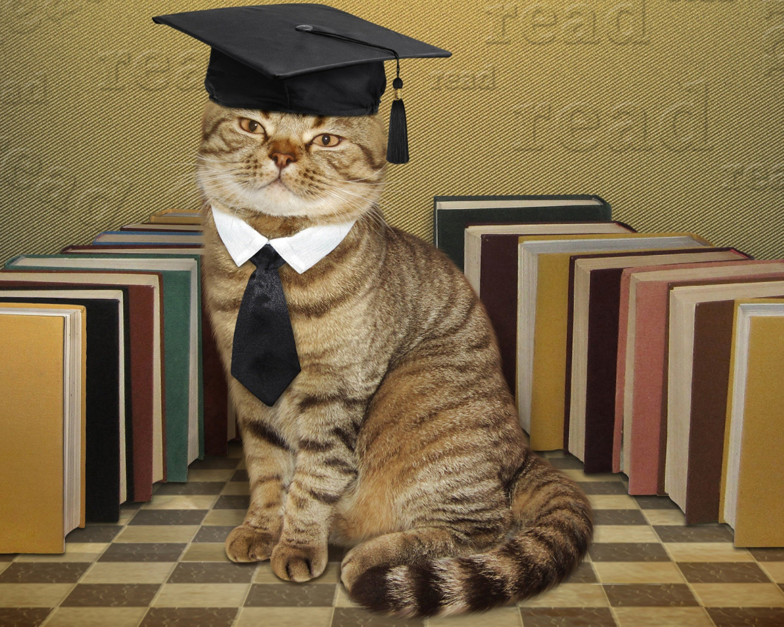 Das Clever cat with Books Wallpaper 1600x1280