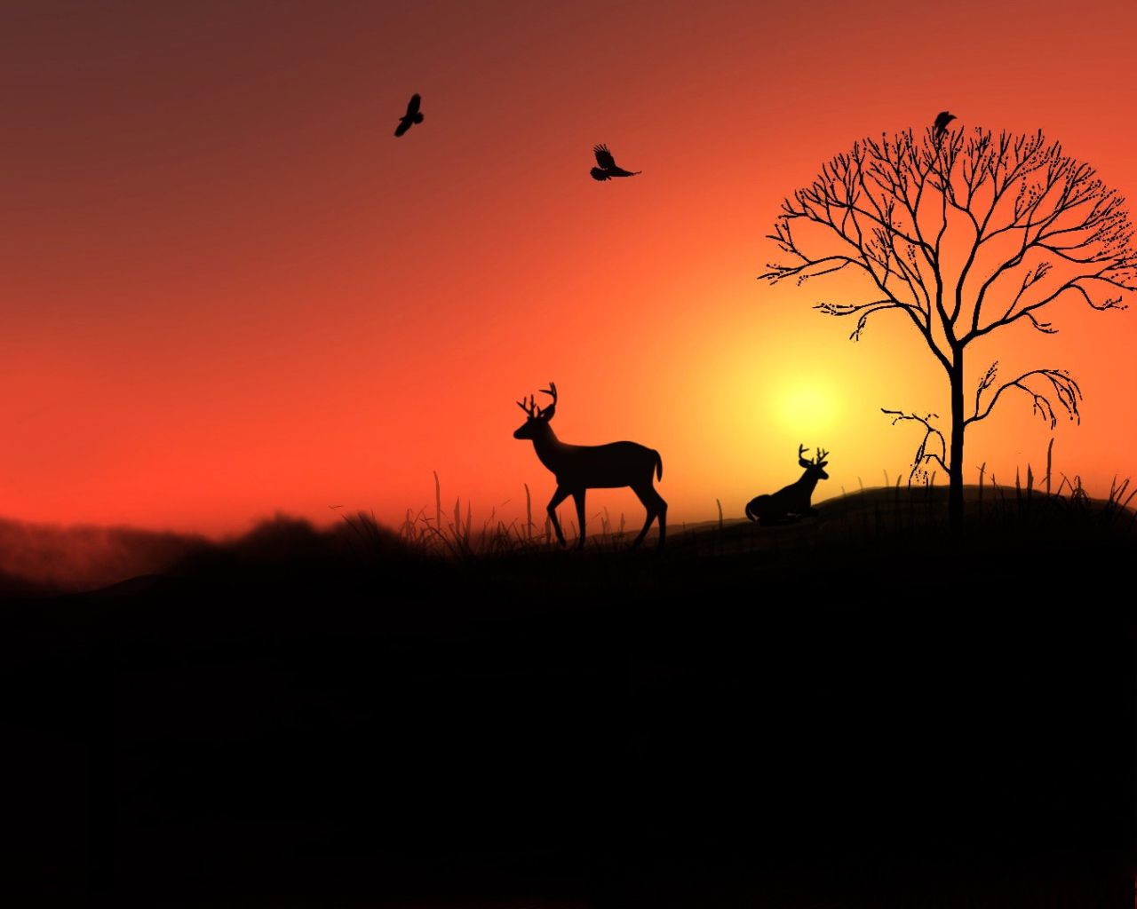 Screenshot №1 pro téma Deer Silhouettes At Red Sunset 1280x1024