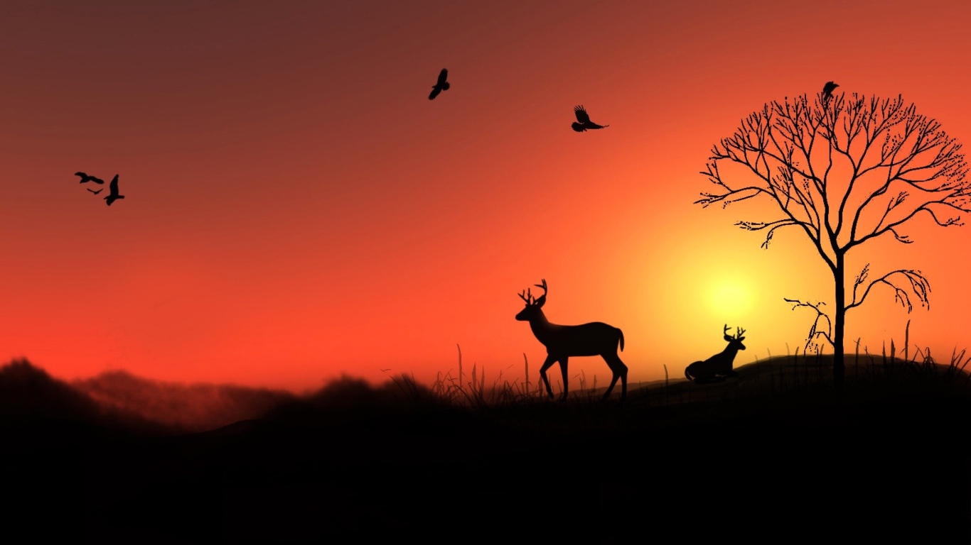 Sfondi Deer Silhouettes At Red Sunset 1366x768