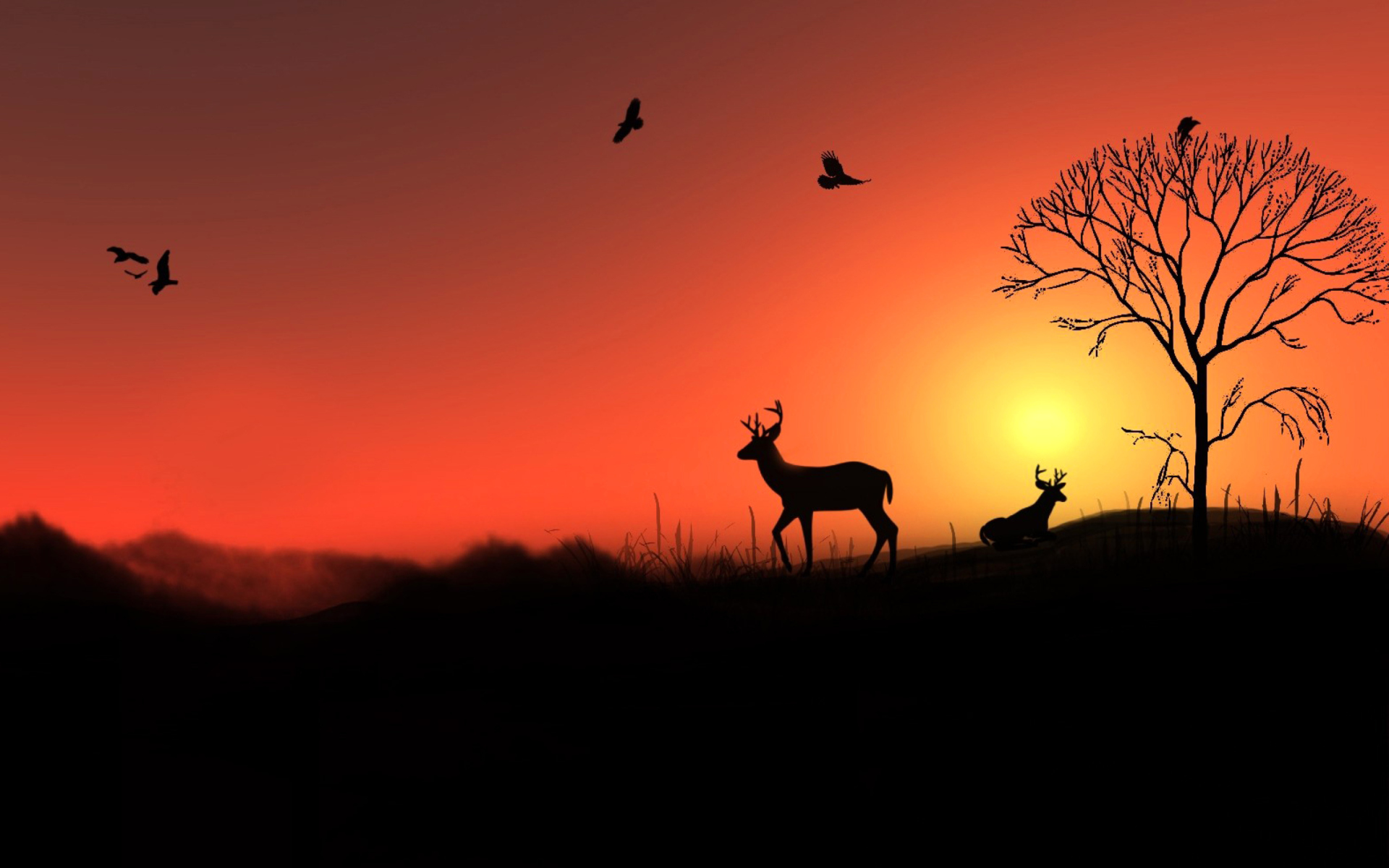 Обои Deer Silhouettes At Red Sunset 1920x1200