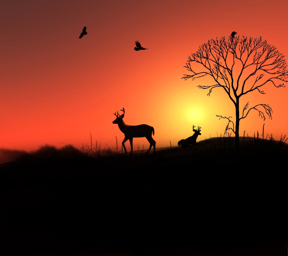 Screenshot №1 pro téma Deer Silhouettes At Red Sunset 960x854