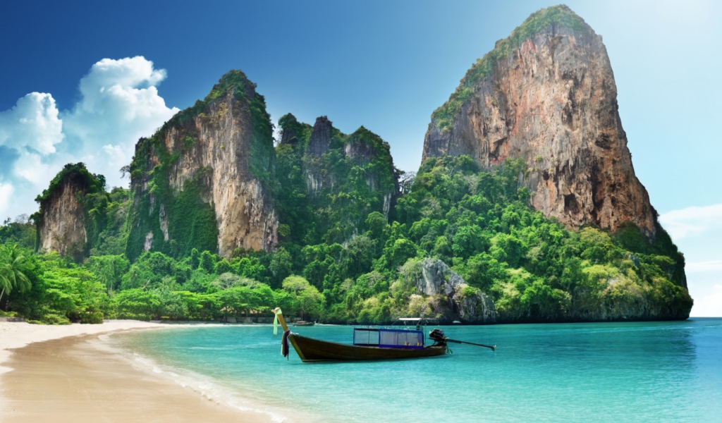Обои Boat And Rocks In Thailand 1024x600
