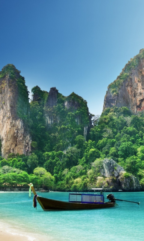 Boat And Rocks In Thailand wallpaper 480x800