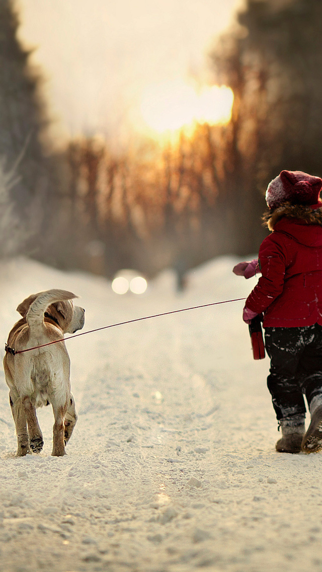 Winter Walking with Dog wallpaper 640x1136