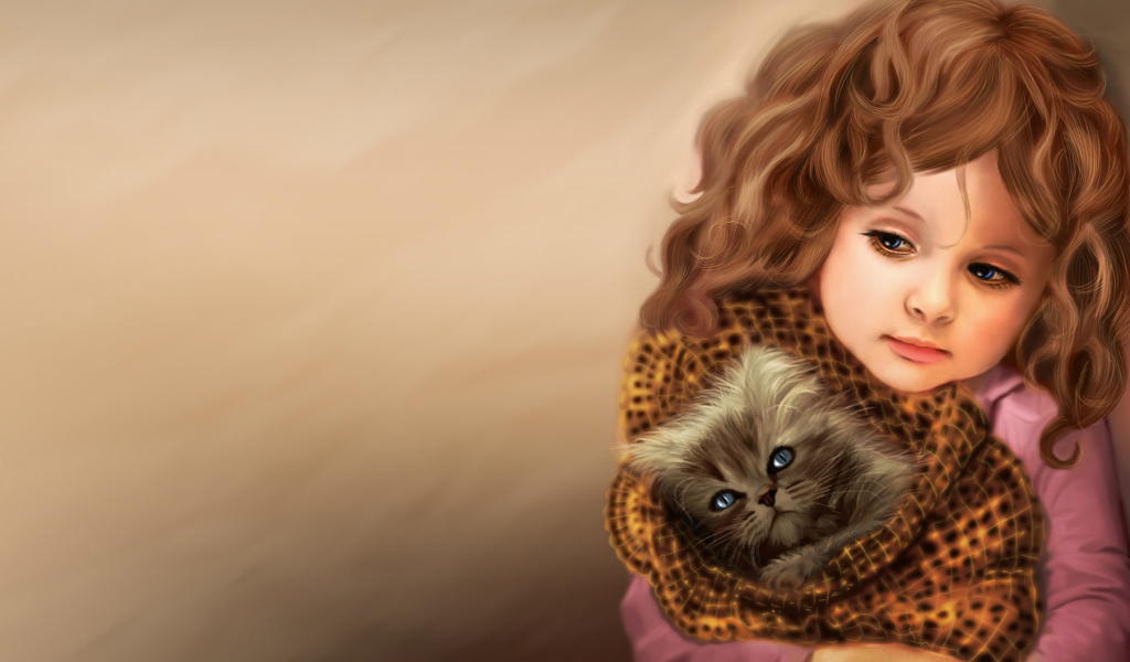 Little Girl With Kitten In Blanket Painting screenshot #1 1024x600