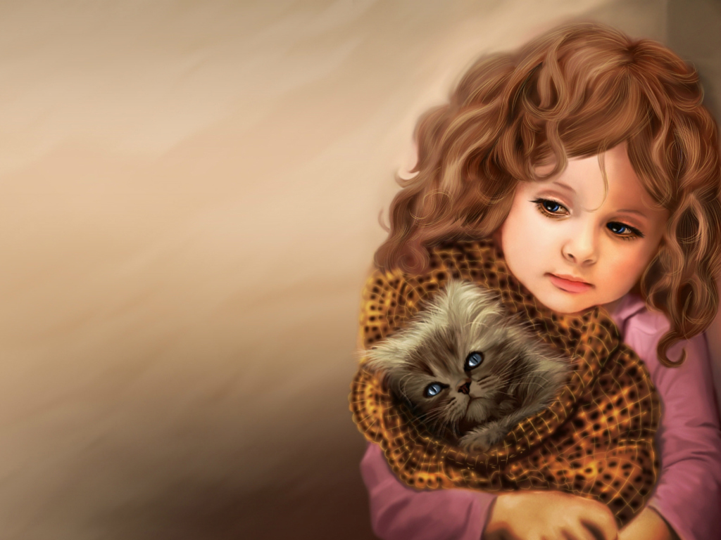 Fondo de pantalla Little Girl With Kitten In Blanket Painting 1024x768