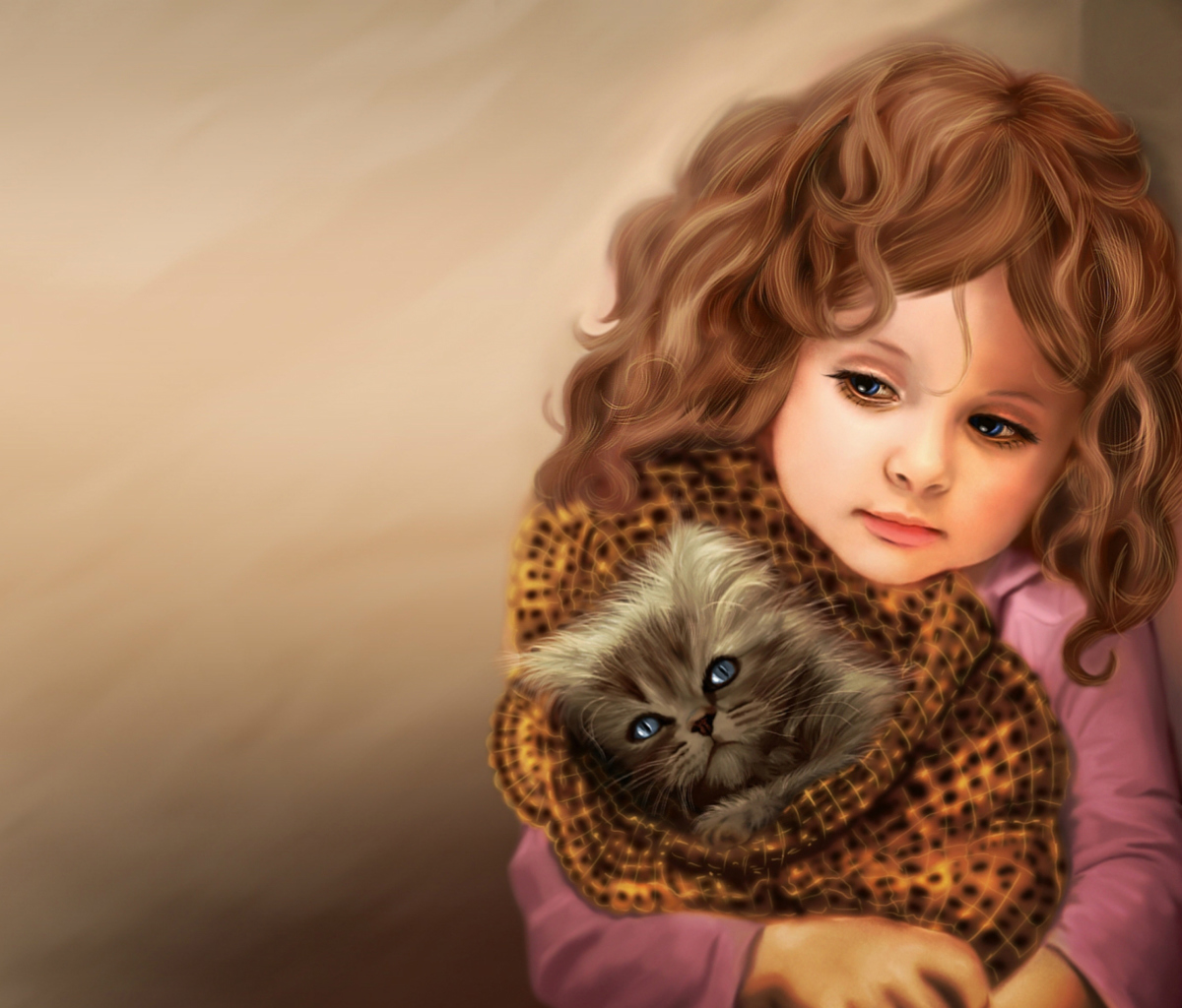 Screenshot №1 pro téma Little Girl With Kitten In Blanket Painting 1200x1024