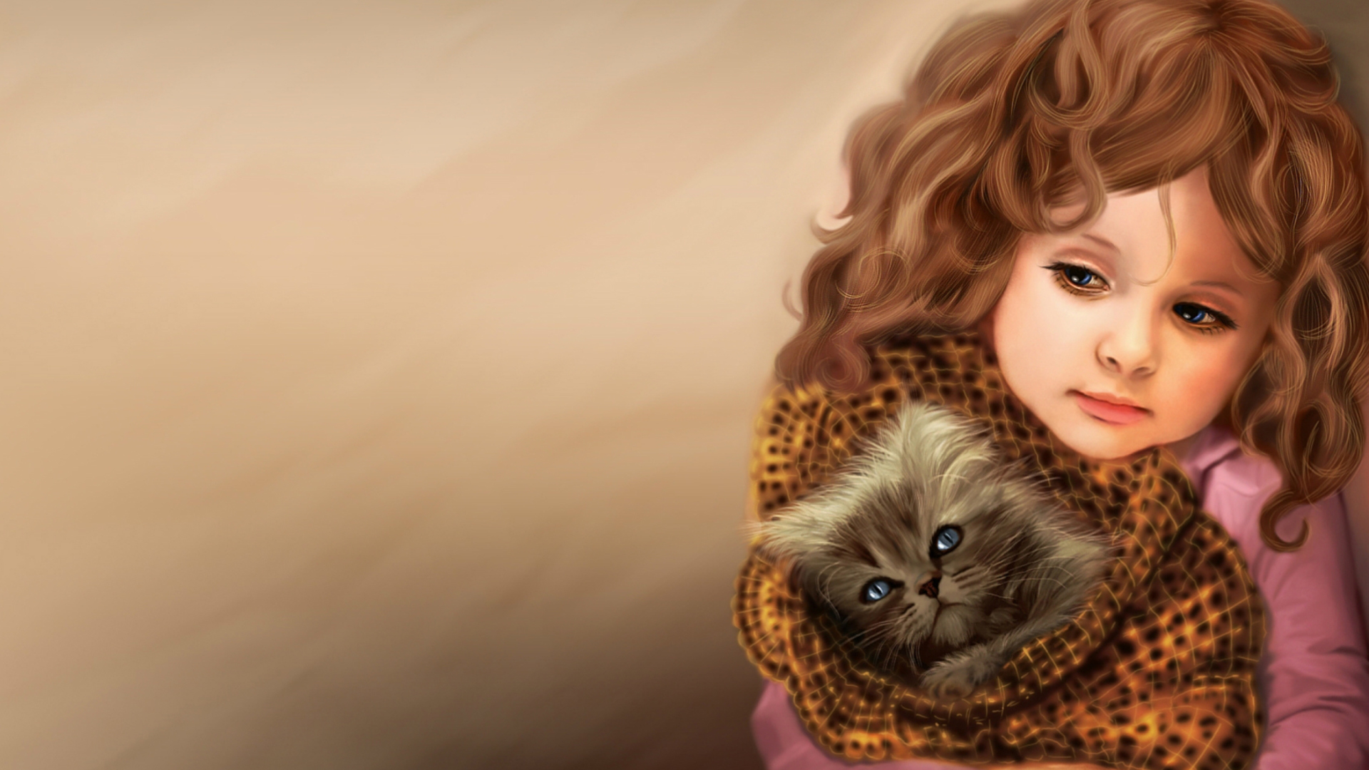 Screenshot №1 pro téma Little Girl With Kitten In Blanket Painting 1920x1080
