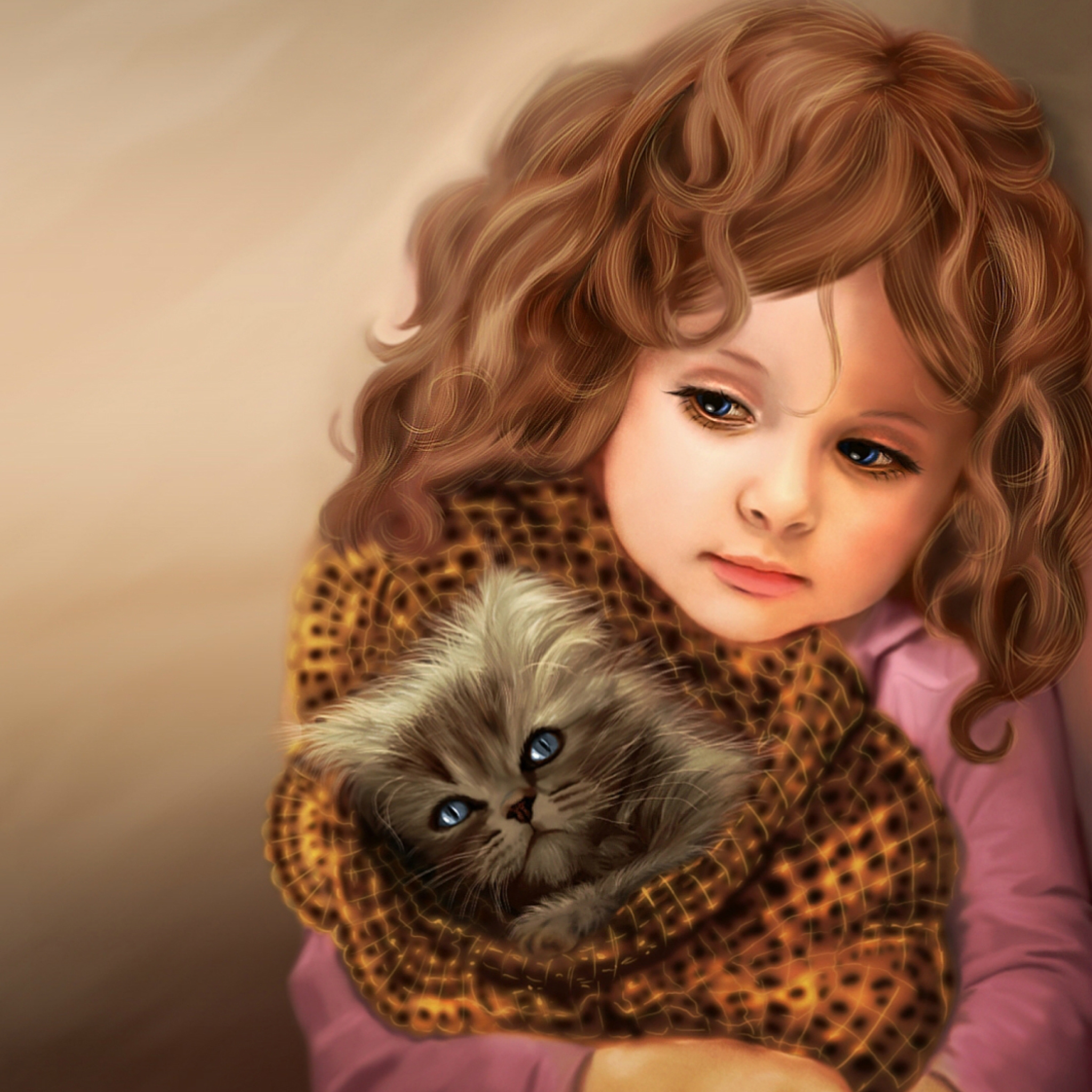 Das Little Girl With Kitten In Blanket Painting Wallpaper 2048x2048